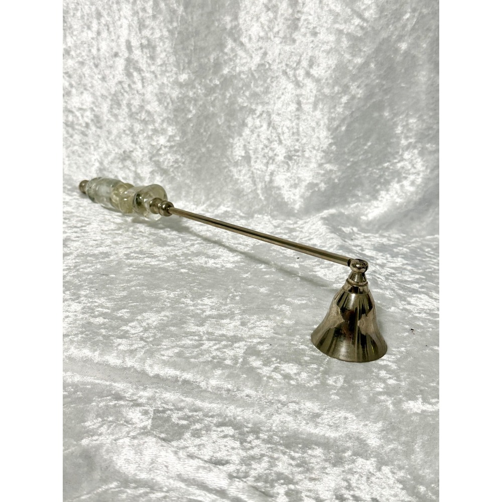 Silver Tone Candle Snuffer with Clear Crackle Glass Beaded Handle Pivoting Bell